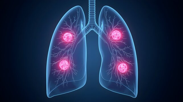 Human lungs with highlighted inflammation inside. Anatomy illustration of respiratory system disease. Medical diagnostic concept for pulmonology research, virus infection and chest health