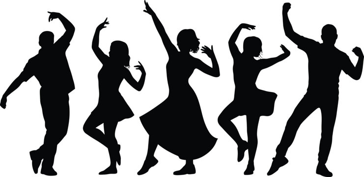 A collection of five distinct human silhouettes showing people dancing and celebrating with arms raised, isolated on a white background, black for party themes