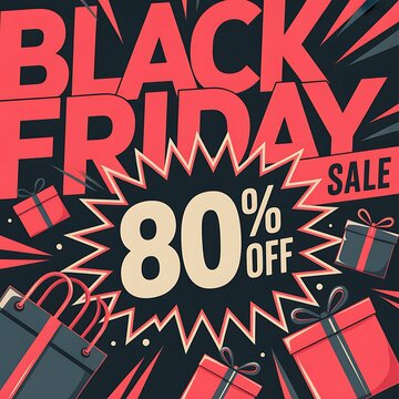 Bold black friday sale banner with large discount percentage and gift boxes