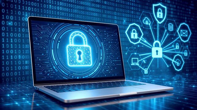 Digital security interface on laptop screen with glowing padlock and shield icons. High-tech cybersecurity concept with binary code background.