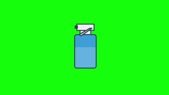 Minimalist flat illustration of a blue spray bottle with a white trigger nozzle and floating foam bubbles, set against a solid bright green chroma key background for editing.