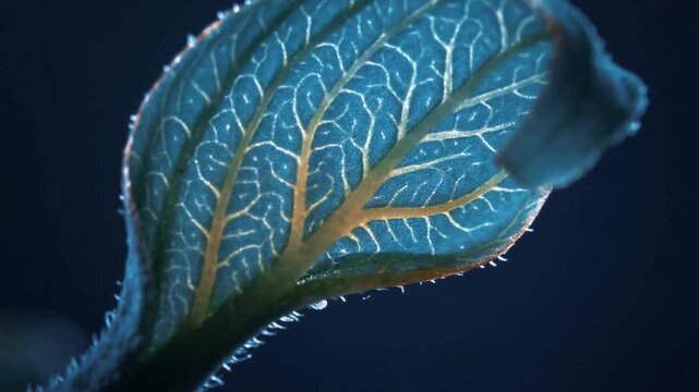 Rising warm rim light causing single curled leaf unfurling in studio macro, revealing trichomes