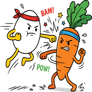 Funny anthropomorphic cartoon characters, food fighting illustration. Angry carrot and egg boxing with comic sound effects. Dynamic martial art sports battle, humorous food fight vector graphic.