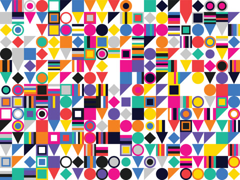 Abstract geometric pattern vector backdrop with colorful squares circles triangles on transparent grid background for creative design.