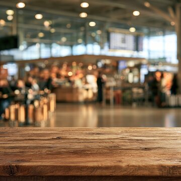 Blurred airport interior with warm lighting and a rustic wooden table foreground
