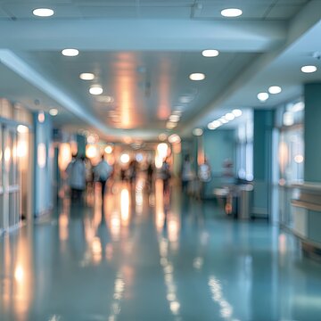 Dimly lit, blurred long hospital corridor with reflective floor and ceiling lights