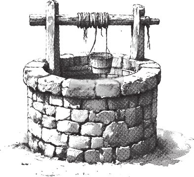 Stone wishing well with wooden frame vintage engraving style illustration