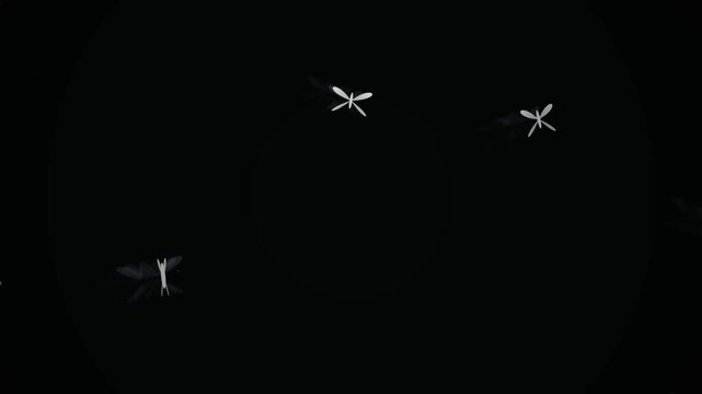 Abstract white stylized insects flying through dark black space
