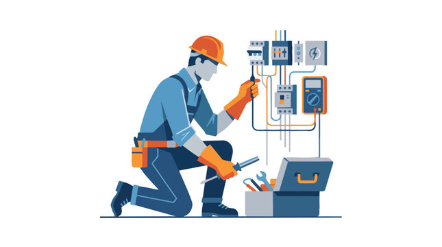 Professional electrician vector illustration, skilled electrical technician repairing circuit breaker panel with tools, industrial maintenance worker in hard hat and safety gear isolated PNG