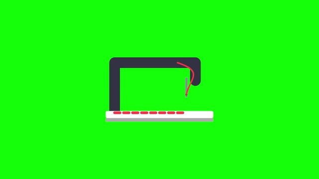 Flat vector illustration of a dark gray sewing machine with red thread stitching patterns on white fabric, isolated on a vibrant green chroma key background for digital compositing.