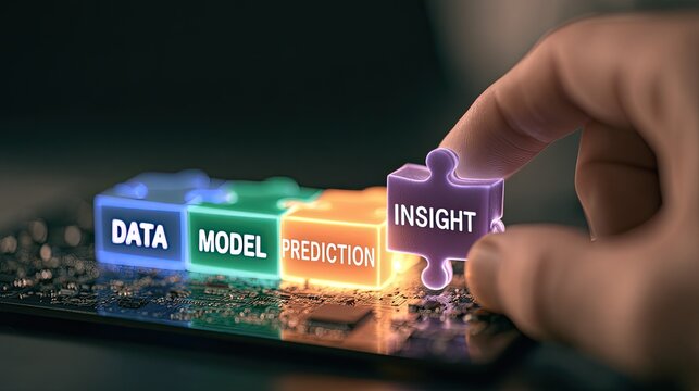 Hand placing final puzzle piece, revealing data analysis journey Data, Model, Prediction, Insight