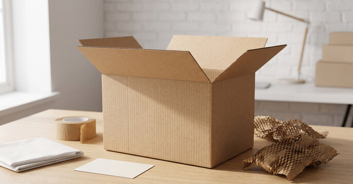 An open cardboard box on a wooden table, surrounded by packing materials, tape, and a notepad, in a well-lit room with a minimalist decor.