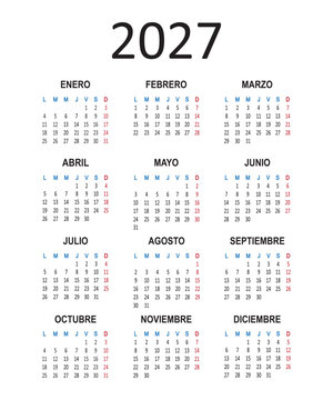 Spanish calendar 2027 year. Week starts on Monday. Vector illustration isolated on white background