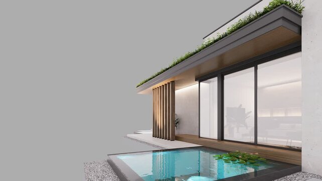 4K video rendering of two-story house with parking and pool for sale or rent with concrete facade. In the evening. Isolated on gray