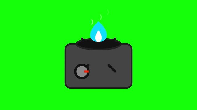 Stylized flat vector illustration of a dark grey gas burner with a vibrant blue flame on a bright lime green background including a control knob and burner ring detail.