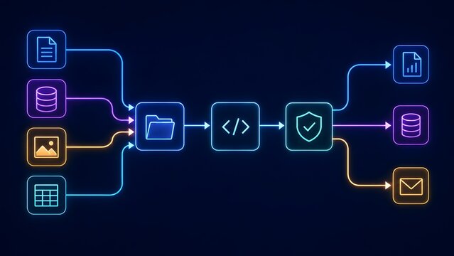 Automated data processing pipeline flowchart with glowing icons for files, coding, security validation and digital distribution