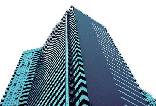 Modern glass skyscraper building reaching into sky with transparent background