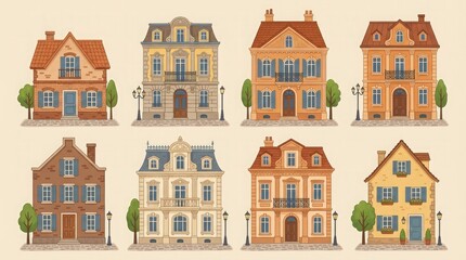 Fototapeta premium A vibrant collection of detailed vector illustrations featuring charming european townhouses with colorful facades and unique architectural designs