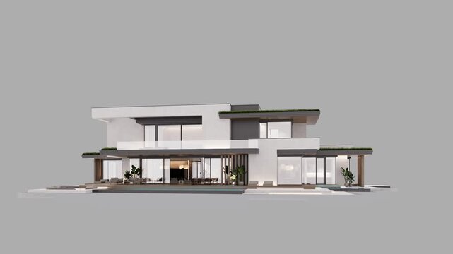 4K video rendering of two-story house with parking and pool for sale or rent with concrete facade. In the evening. Isolated on gray