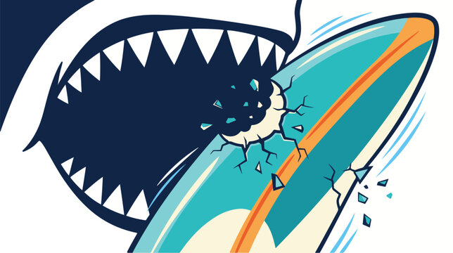 Shark bite destroying surfboard with sharp teeth in vector cartoon illustration style