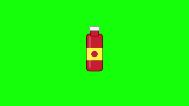 Flat vector illustration of a red condiment or ketchup bottle tilted and pouring red sauce droplets, featuring a yellow label with a red circle, isolated on a green screen background.