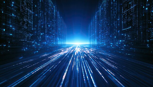 A digital tunnel of glowing blue lines and data structures moving into distance