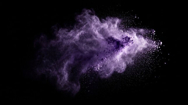 A vibrant cloud of purple powder exploding and dispersing against a dark black background, creating a dynamic abstract effect.