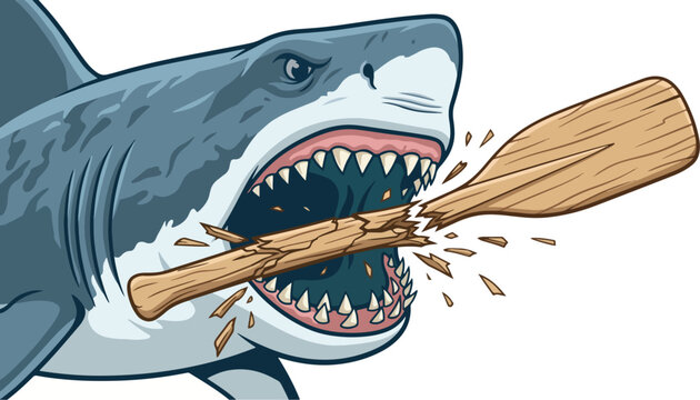 Aggressive shark bite breaking a wooden oar with sharp teeth in vector illustration