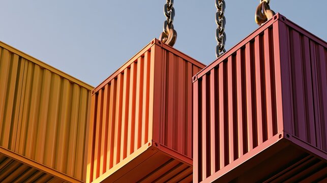 Stacked, colorful cargo containers suspended by metal chains