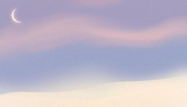 Soft pastel purple sky with gentle crescent moon and calm peaceful atmosphere creating dreamy natural evening scene