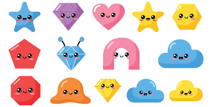Collection of cute kawaii geometric shapes and objects
