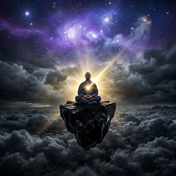Man Meditating on Floating Rock in Cosmic Nebula
