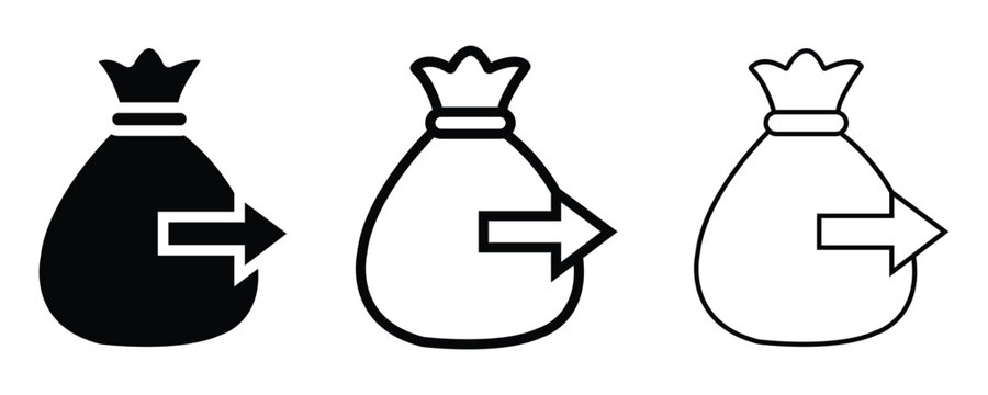Money Bag Send Outward Arrow Vector Icon Set featuring Financial Transfer Money Withdrawal Outgoing Payment Expense and Wealth Transfer Concept in Solid and Line Style.