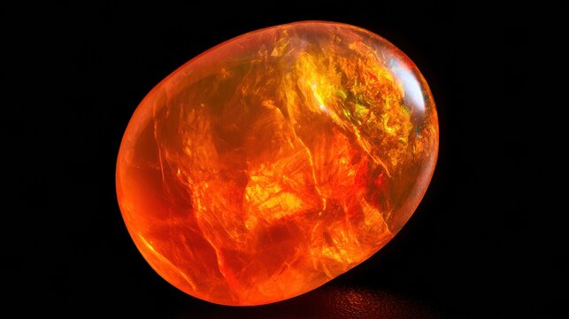 This fire opal shows warm colors with flashes set against an elegant backdrop, creating a striking visual effect with available copy space.