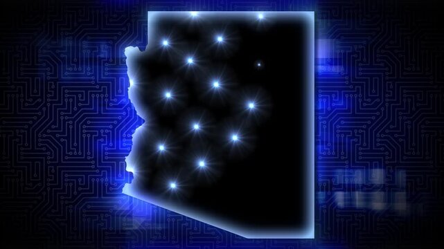 Animated Arizona map with glowing digital network connections over a circuit board background representing AI data centers and technology infrastructure. 15371  