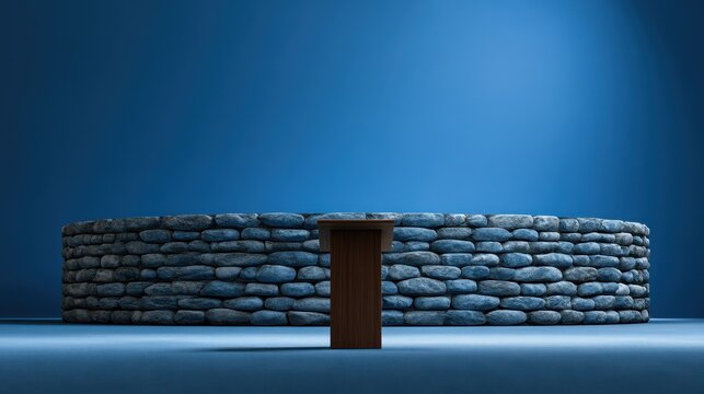 Elegant blue presentation backdrop with podium against textured circular stone wall