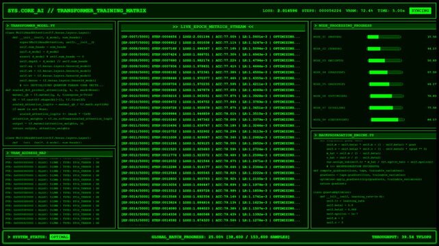 Transformer AI Training Matrix Neural Network Code Animation.
