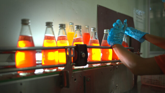 Quality control worker examining chia seed fruit juice bottles under light on conveyor belt