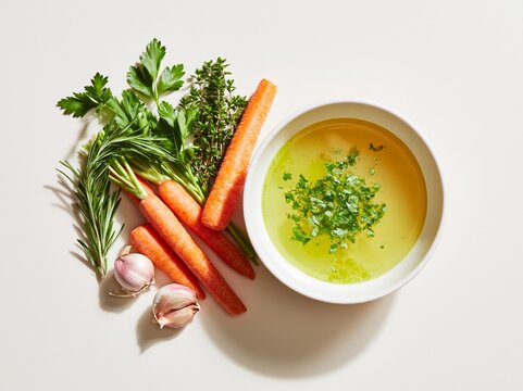 Overhead flat lay of a modern chicken soup bowl with fresh herbs, carrots, and garlic on a light background, showcasing ingredients for a healthy meal preparation