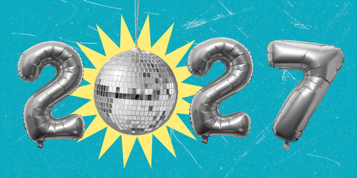 Art collage featuring a disco ball and the year 2027 with colorful background