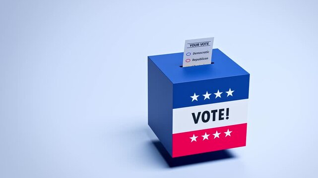 Elections in the United States concept. A ballot box with blue and red stripes, stars and the text "Vote!". A paper ballot falling into the slot. Loopable video.