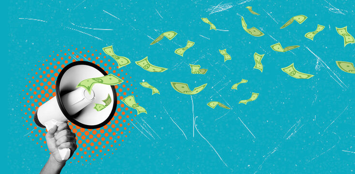 Art collage showing money being announced through a megaphone with a bright blue background and scattered dollar bills flying in the air