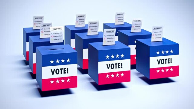 Elections in the United States concept. Several ballot boxes with blue and red stripes, stars and the text "Vote!". A paper ballot falling into the slots.