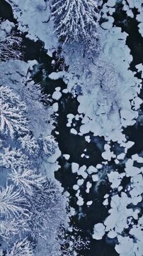 Peaceful flight over a snow-covered alpine stream. Flowing icy water, frozen rocks, and fresh snow create a calm winter atmosphere ideal for relaxation, meditation, and nature visuals.