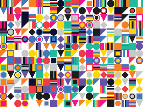 Colorful geometric grid pattern featuring abstract retro shapes and icons on transparent background for funky wall art design.