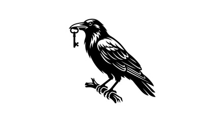 Fototapeta premium Black Crow Perched on a Tree Branch Holding a Vintage Skeleton Key