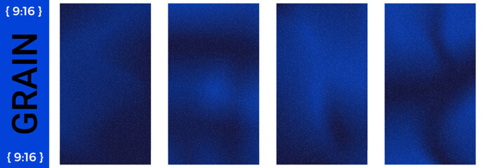 Naklejka premium Blue and navy grain gradient story set with four vertical panels for social media. Bright blue glow and soft navy grain fill each dark sky frame. Vector gradation set isolated for snowy winter content