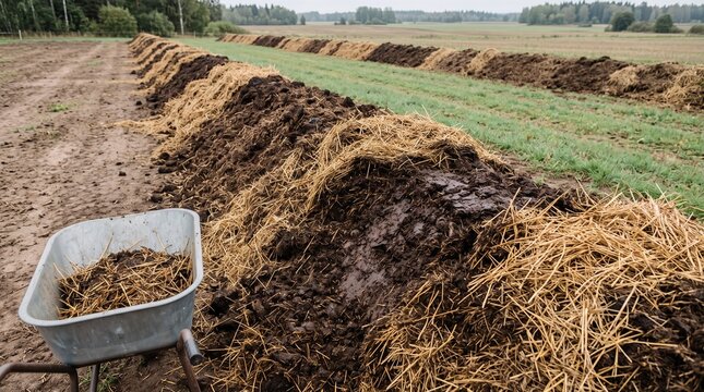 Horse manure compost windrow mixed with golden straw on organic farm, premium agricultural photo with wheelbarrow showing regenerative soil management and nutrient recycling
