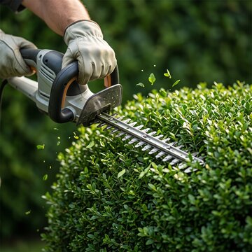Electric hedge trimmer cutting dense green shrub with fresh leaves in motion, premium close-up garden maintenance photography focused on precise shaping and landscaping work