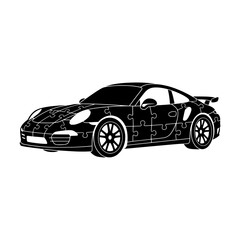 Naklejka premium Sports Car Puzzle Illustration, Vector Design, Automotive Concept. Modern Vehicle Silhouette, Jigsaw Puzzle Pieces